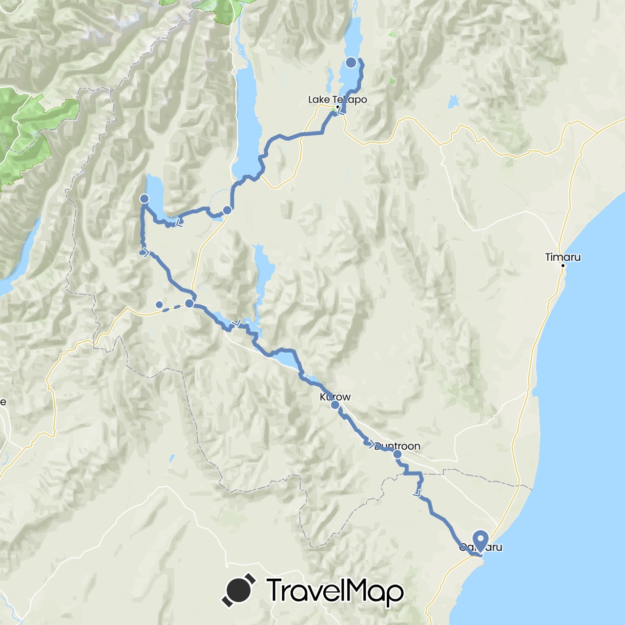 TravelMap itinerary: driving, cycling in New Zealand (Oceania)
