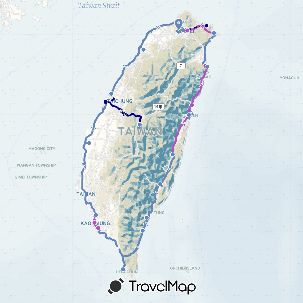 TravelMap itinerary: driving, cycling, train in Taiwan (Asia)