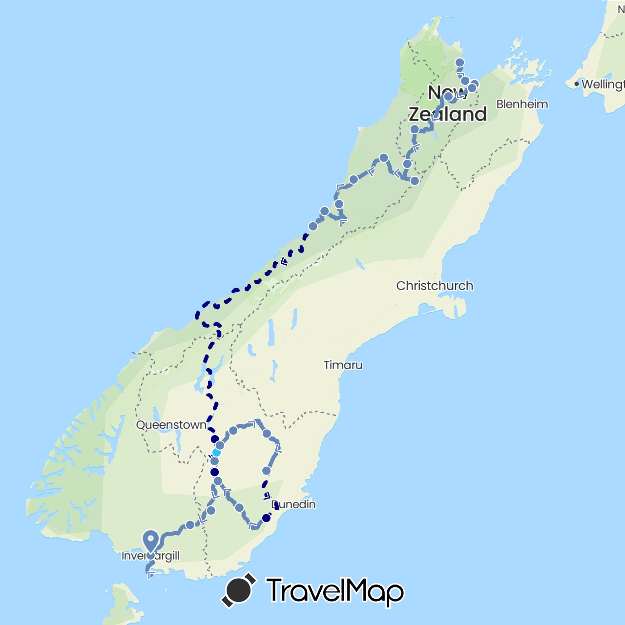 TravelMap itinerary: driving, cycling, boat in New Zealand (Oceania)
