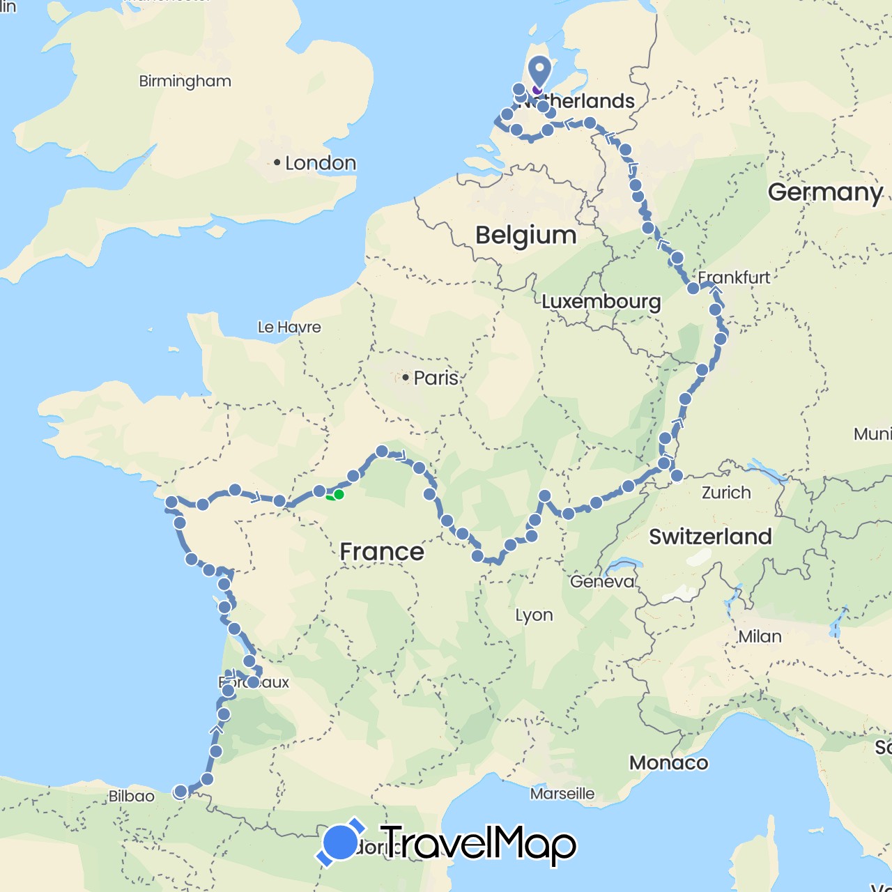 TravelMap itinerary: driving, bus, cycling, walking in Switzerland, Germany, Spain, France, Netherlands (Europe)