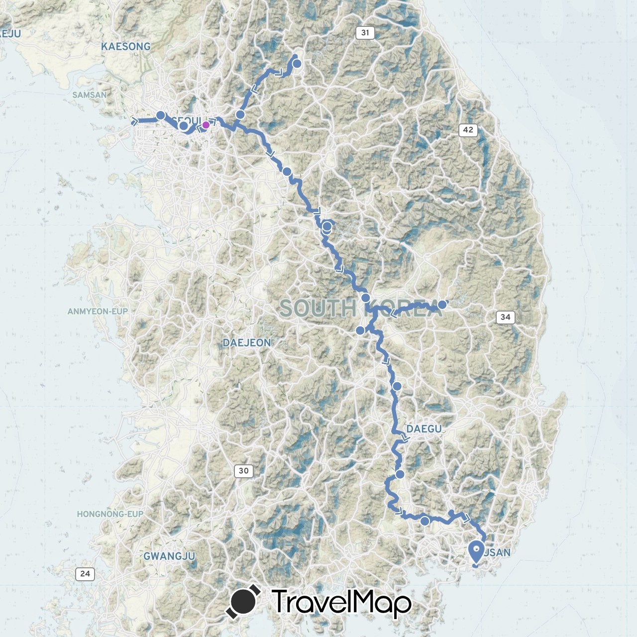 TravelMap itinerary: driving, cycling, train in South Korea (Asia)